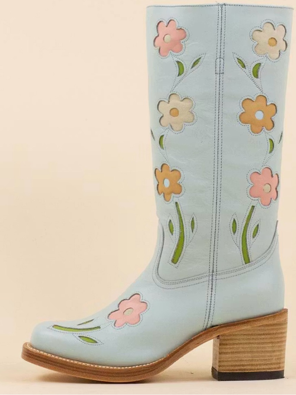 Light Blue Floral Embroidered Women's Mid-Calf Boot